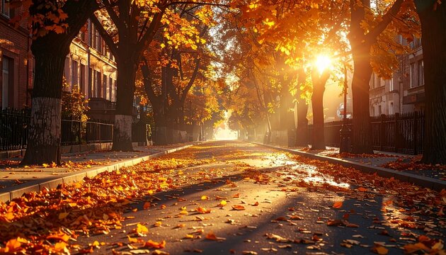 Golden sunlight filtering through colorful autumn trees on a quiet city street covered with fallen leaves - Powered by Adobe