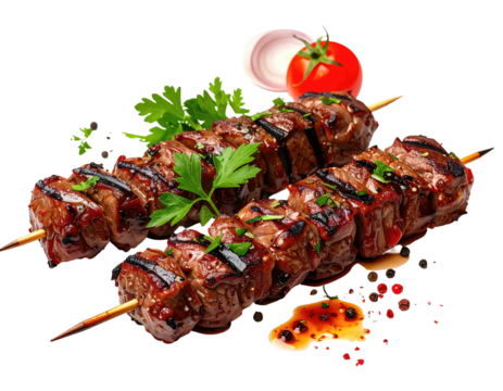 Two grilled skewers of meat with vibrant garnish, on a black background