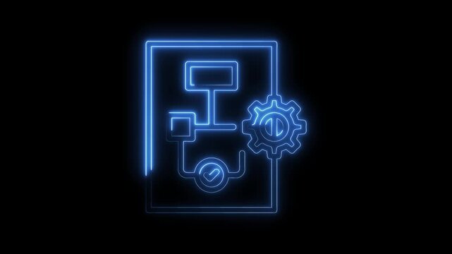Neon flowchart animation with gear and checkmark icon on dark background for business systems