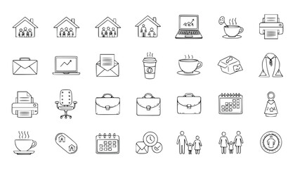 Vector art of collection of handdrawn business and office icons, including houses, laptops, coffee cups, printers, envelopes, chairs, briefcases, calendars, and people