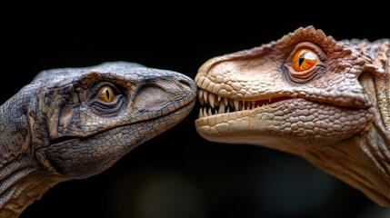 Fototapeta premium Dramatic battle between two fierce dinosaurs in prehistoric landscape, showcasing power, aggression, and survival in the ancient world