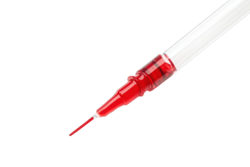 Close up of a medical syringe with red liquid isolated on transparent background. Dropper isolated on white background.