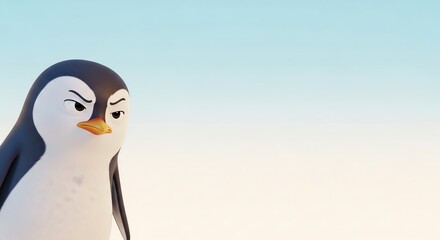 A Grumpy Penguin's Side-Eye Glance in a Clean, Stylized Arctic World
