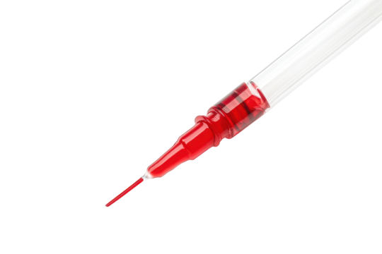 Close up of a medical syringe with red liquid isolated on transparent background. Dropper isolated on white background.