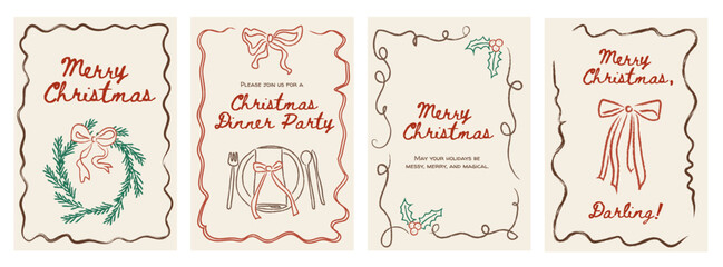 Whimsical retro Christmas card and dinner menu templates. Hand drawn doodle holiday invitation backgrounds with bows and ribbons. Festive illustration for seasonal party banners and greeting designs.