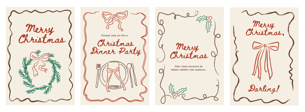 Whimsical retro Christmas card and dinner menu templates. Hand drawn doodle holiday invitation backgrounds with bows and ribbons. Festive illustration for seasonal party banners and greeting designs.