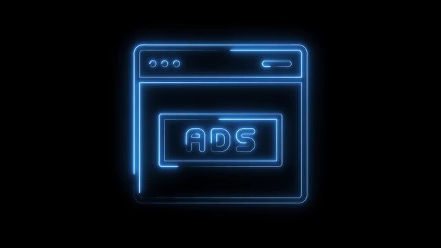 Neon web browser window animation displaying the word ads digital advertising concept