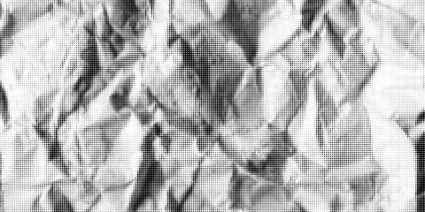Black and white halftone wrinkled newspaper bg with circle dot pattern. Crumpled paper with duotone raster texture. Grainy vintage graphic. Vintage vector illustration