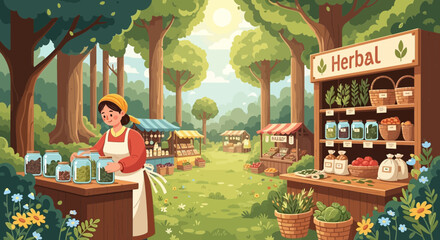 A vibrant and charming herbal market scene with a cheerful vendor in a forest setting
