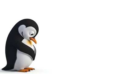 Fototapeta premium Adorable 3D Cartoon Penguin with a Melancholy Expression on White Background