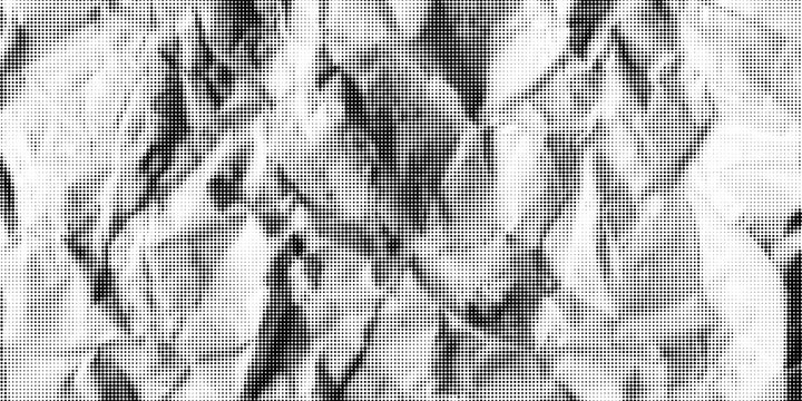 Black and white halftone wrinkled newspaper bg with circle dot pattern. Crumpled paper with duotone raster texture. Grainy vintage graphic. Vintage vector illustration