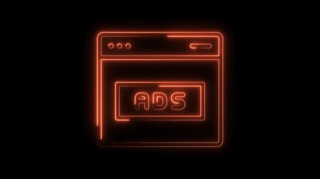Glowing neon web browser window advertising concept animated on dark background