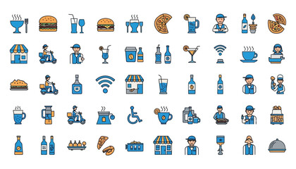 Vector art of collection of food and drink icons, including burgers, pizza, coffee, and delivery services