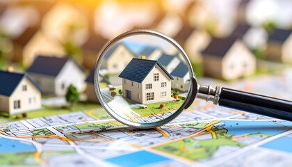 Home search concept House model magnified on a map with finding the dream home.