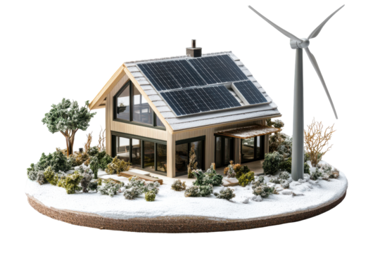 Eco friendly miniature house with solar panels and wind turbine isolated on transparent background. Eco friendly home with solar panels and wind turbine isolated on white background. - Powered by Adobe