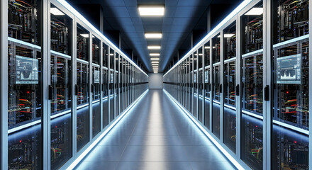 Server room with modern hardware and digital displays, concept of big data processing, internet communication and global network, sci fi interior.