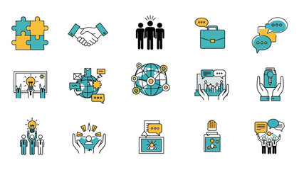 Vector art of collection of business and teamwork icons, including puzzle pieces, handshake, team, briefcase, chat bubbles, lightbulb, global network, and hands holding objects