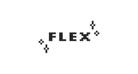Flex black pixel art social media slang word. Showing off, bragging lingo. Boastful, proud gen z. Teenage meme. 16 bit videogame text. Nostalgic internet typography. Silkscreen font used