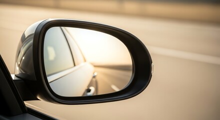 Golden Hour Reflection in Car Side Mirror: Journey Through Blurred Landscape