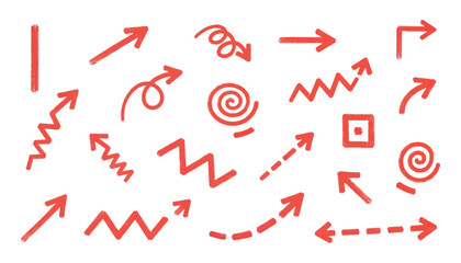 Vector art of collection of red handdrawn arrows and symbols isolated on a, representing direction, movement, and choice