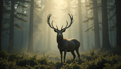 Impressive stag stands in a sunlit forest, creating a tranquil and peaceful scene