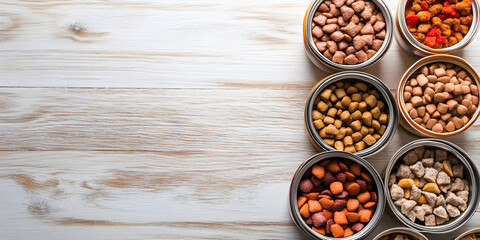 Assorted dry pet food in metal containers on wood background