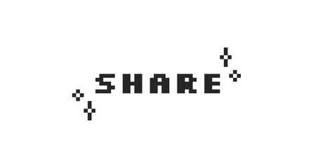 Share black pixel art social media button word. Online interaction. Web sharing. User communication. Content advertising. 16 bit videogame text. Nostalgic internet typography. Silkscreen font used