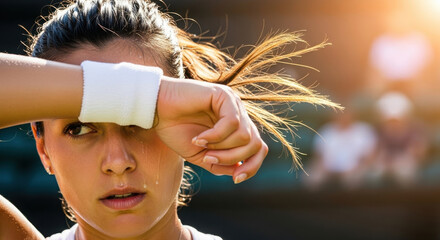 Female tennis player wiping sweat from her brow with a wristband.