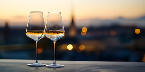 Obraz premium Romantic sunset toast with sparkling wine on rooftop