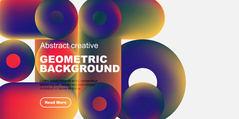 Vibrant geometric shapes overlap, creating colorful abstract background. Text promotes creative design, includes read more button.