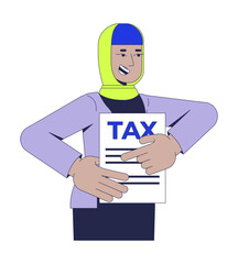 Smiling muslim hijab woman pointing at tax form 2D cartoon character. Cheerful taxpayer in headscarf reminds about taxation submission flat vector person isolated on white. Spot illustration colorful