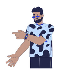 Casually dressed black man pointing to side with confident expression 2D cartoon character. Cool guy with beard and sunglasses flat vector person isolated on white. Spot illustration colorful