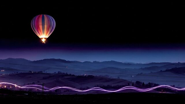 Hot air balloon soaring above hills at night with colorful light trails