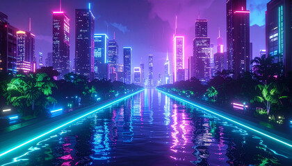 Naklejka premium Vibrant Neon Metropolis Reflecting in a Central Waterway at Night – Futuristic Urban Landscape with Glowing Skyscrapers and Lush Greenery