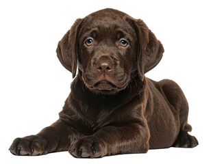 Fototapeta premium A brown puppy lies down, gazing intently. Dark background emphasizes it