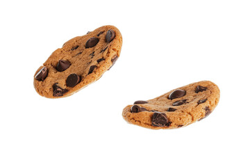 Fototapeta premium Delicious chocolate chip cookies falling isolated on transparent background. Falling chocolate chip cookies isolated on white background.