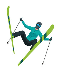 Skier, icon. Sportsman doing sport activity. People riding skis. Cartoon winter sport character, travel activity. Concept of vacation. Vector illustration isolated on white background