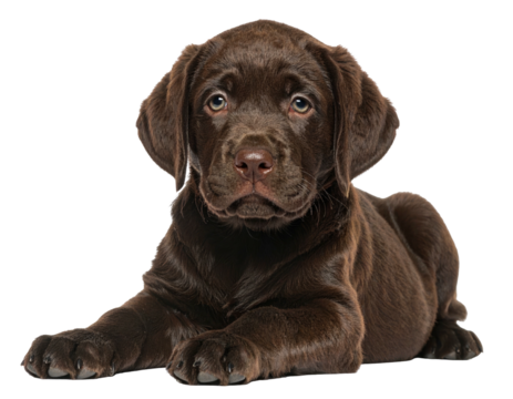 A brown puppy lies down, gazing intently. Dark background emphasizes it