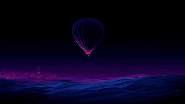 Hot air balloon over futuristic city skyline at night