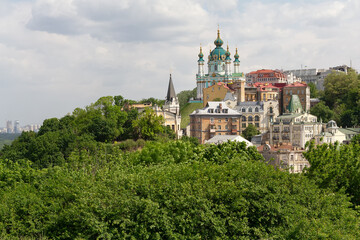 Fototapeta premium Beautiful view of the ancient street Andrew's Descent and the St. Andrew's Church. Kyiv, Ukraine