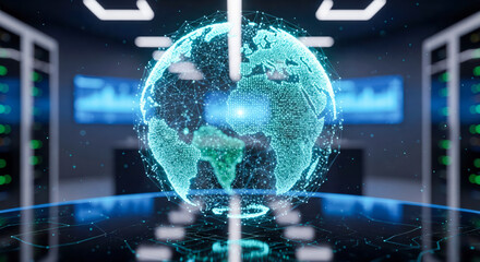 Digital globe hologram in futuristic data center control room, global network and communication technology concept for worldwide business and international finance