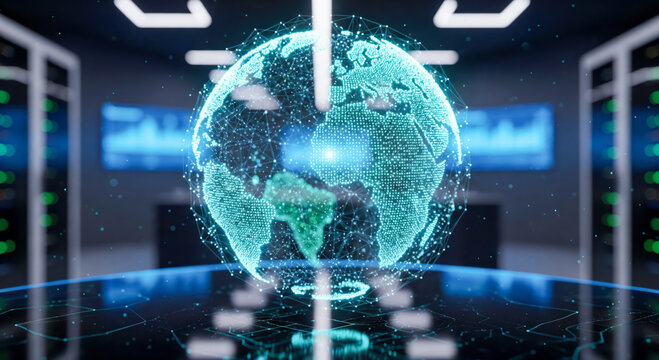 Digital globe hologram in futuristic data center control room, global network and communication technology concept for worldwide business and international finance