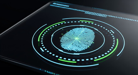 Fingerprint scanning on digital screen for biometric authentication, cyber security concept with fingerprint sensor providing access control and identity verification for privacy