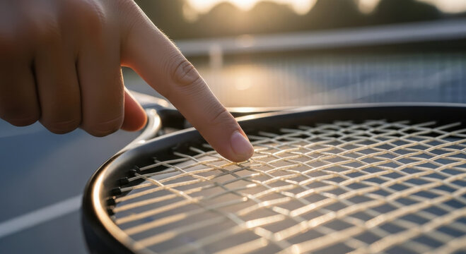 Player adjusting the strings of a tennis racket on a court. - Powered by Adobe