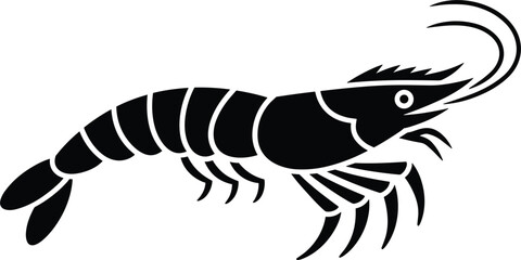 Black Silhouette of a Shrimp with Detailed Segments and Antennae prawn seafood