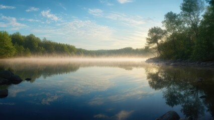 Obraz premium Lake reflection with morning mist and trees