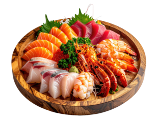 A wooden platter displays assorted, artfully arranged seafood sashimi