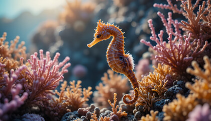 A charming seahorse gracefully navigates through a vibrant coral garden