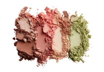 Crushed eyeshadow or blush in various shades of pink, peach, and green
