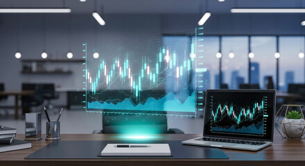 Holographic stock market chart display in modern office workspace, financial investment and trading concept with data analytics for business growth strategy